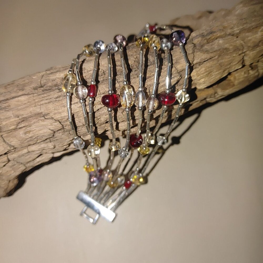 Vintage Napier Multi Strand Glass Colors Beaded Bracelet Silver Tone Clasp Stamp
